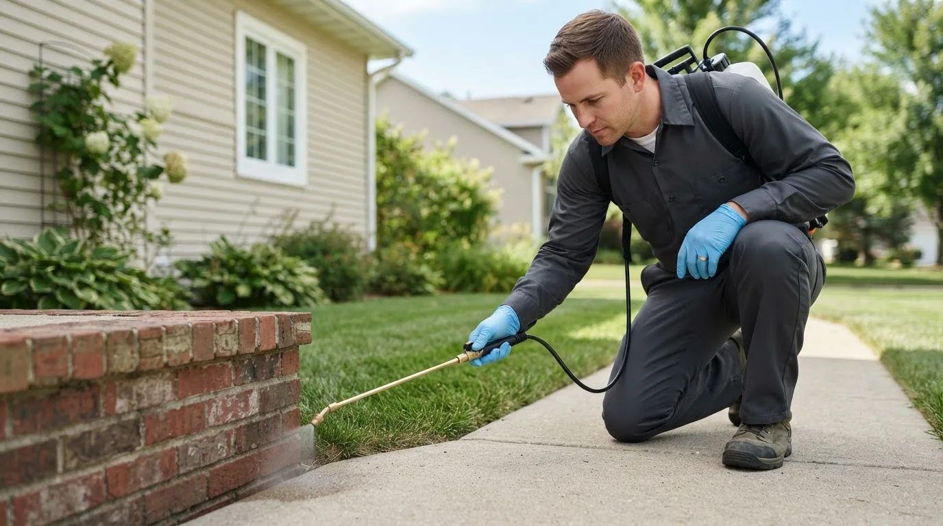 Pest control technician treating a home near Fort Towson, OK