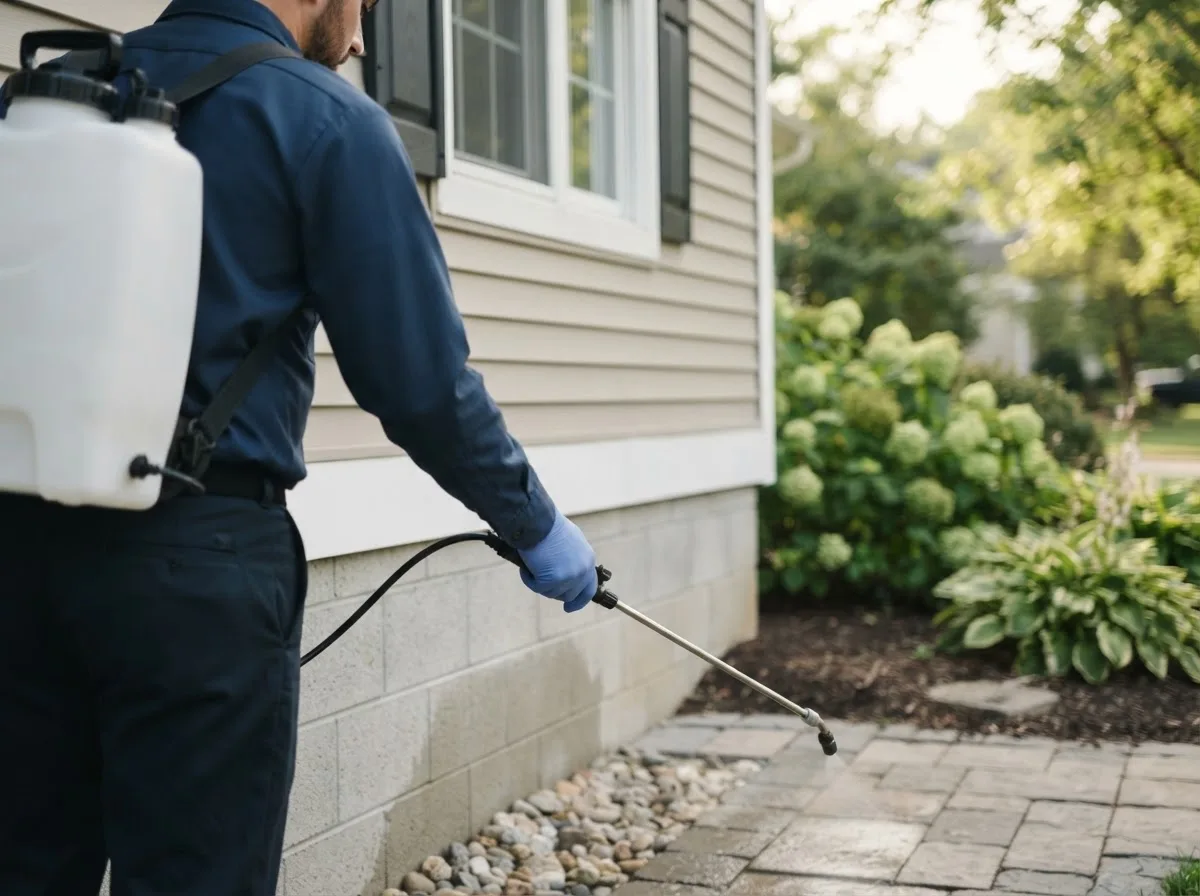 Pest control technician inspecting a home in Fort Towson, OK